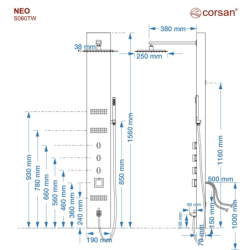 Panel prysznicowy NEO termostat stal gunmetal wylewka CORSAN S060TGMW