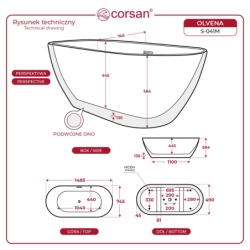 Wanna wolnostojąca OLVENA 150 cm korek klik-klak szczotkowane złoto CORSAN E041MBGL