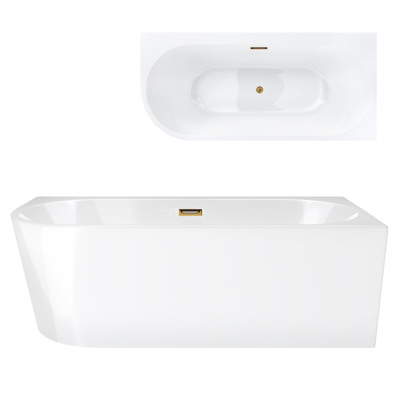 Wanna wolnostojąca narożna INTERO 160 x74 z szeroką krawędzią montaż prawy korek klik-klak szczotkowane złoto CORSAN E240LPBGL