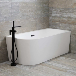 Wanna wolnostojąca narożna INTERO 150 x74 z szeroką krawędzią montaż prawostronny korek klik-klak czarny CORSAN E240MPBL