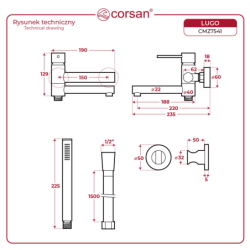 Bateria wannowa ścienna lugo z zestawem natryskowym złoto szczotkowane CORSAN CMZ7541BGL