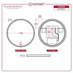 Lustro LED TONDO ze zmienną barwą 70 cm, rama złoto szczotkowane CORSAN L0070BGL