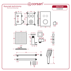 Zestaw prysznicowy chrom z deszczownicą i głowicą termostatyczną CORSAN CMZ049CH