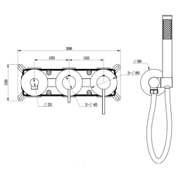 Bateria wannowa ścienna LUGO z zestawem natryskowym złota CORSAN CMB7554GL