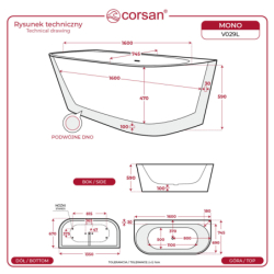 Wanna przyścienna wolnostojąca z przelewem szczelinowym MONO 160 x74,5 cm korek chrom CORSAN V029LCH