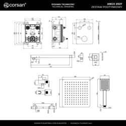 Zestaw prysznicowy podtynkowy ANGO deszczownica 25cm termostat słuchawka prysznicowa gunmetal CORSAN Z02TGM
