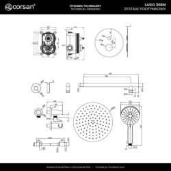 Zestaw prysznicowy podtynkowy LUGO deszczownica 25cm mieszacz słuchawka prysznicowa gunmetal CORSAN Z03MGM