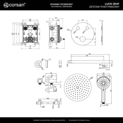 Zestaw prysznicowy podtynkowy LUGO deszczownica 25cm termostat słuchawka prysznicowa czarny CORSAN Z04TBL