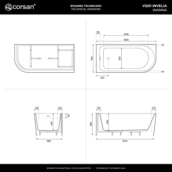Wanna narożna INVELIA 160x75cm montaż lewostronny przelew szczelinowy korek klik klak czarny CORSAN V220LLBL