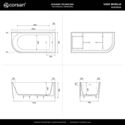 Wanna narożna INVELIA 160x75 cm montaż prawostronny przelew szczelinowy korek klik klak miedź szczotkowana CORSAN V220LPBRG