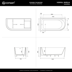 Wanna narożna INVELIA 170x80 cm montaż lewostronny przelew szczelinowy korek klik klak miedź szczotkowana CORSAN V220XLLBRG