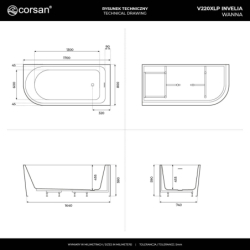 Wanna narożna INVELIA 170x80 cm montaż prawostronny przelew szczelinowy korek klik klak miedź szczotkowana CORSAN V220XLPBRG