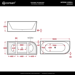 Wanna narożna INTERO 160 cm montaż lewostronny przelew szczelinowy korek klik klak gunmetal CORSAN V230LLGM