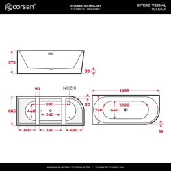 Wanna narożna INTERO 150 cm montaż lewostronny przelew szczelinowy korek klik klak czarny CORSAN V230MLBL