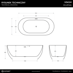 Wanna wolnostojąca OLVENA 150 cm przelew szczelinowy korek klik klak gunmetal CORSAN V041MGM