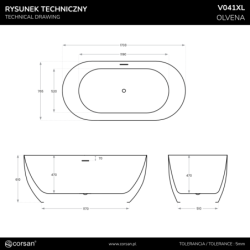 Wanna wolnostojąca OLVENA 170 cm przelew szczelinowy korek klik klak złoty CORSAN V041XLGL