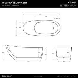 Wanna wolnostojąca ESTELLA II SLIM 170 cm przelew szczelinowy korek klik klak czarny CORSAN V038XLBL