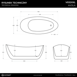 Wanna wolnostojąca AVOLA 180 cm przelew szczelinowy korek klik klak różowe złoto CORSAN V032XXLRG