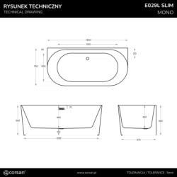Wanna przyścienna MONO slim 160 cm korek klik klak szczotkowane złoto CORSAN E029LSBGL