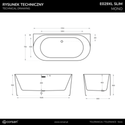 Wanna przyścienna MONO slim 170 cm korek klik klak biały CORSAN E029XLSWH