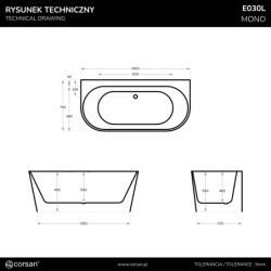 Wanna przyścienna wolnostojąca MONO 160 cm z szeroką krawędzią korek klik-klak biały CORSAN E030LWH