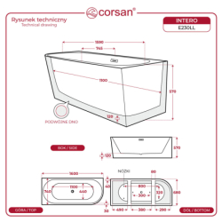 Wanna wolnostojąca narożna INTERO 160 x75 montaż lewostronny korek klik-klak grafit / gun metal CORSAN E230LLGM