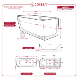 Wanna wolnostojąca narożna INTERO 170 x73 montaż prawostronny korek klik-klak chrom CORSAN E230XLPCH