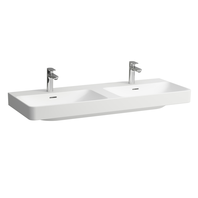 Umywalka ścienna 120cm, podwójna, dwukomorowa, z otworem na baterię, z przelewem kolor biały matowy LAUFEN H8148627571041