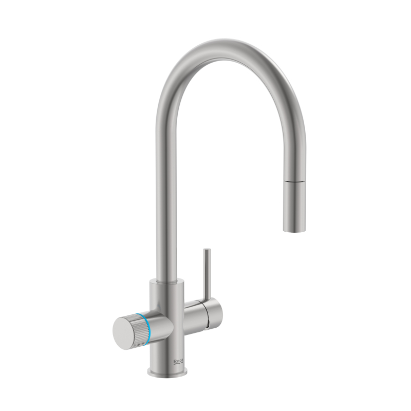 AQUAFY Bateria kuchenna z systemem filtracji wody z zaokrągloną i wyciąganą wylewką PVD Inox ROCA A5A8D3GSM0