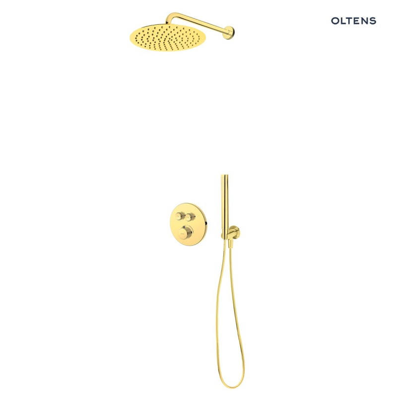 Set bateria podtynk termostatyczna z deszczownicą 30 cm Vindel i kompletem prysznicowym Ume złoty połysk Onega OLTENS 36617800
