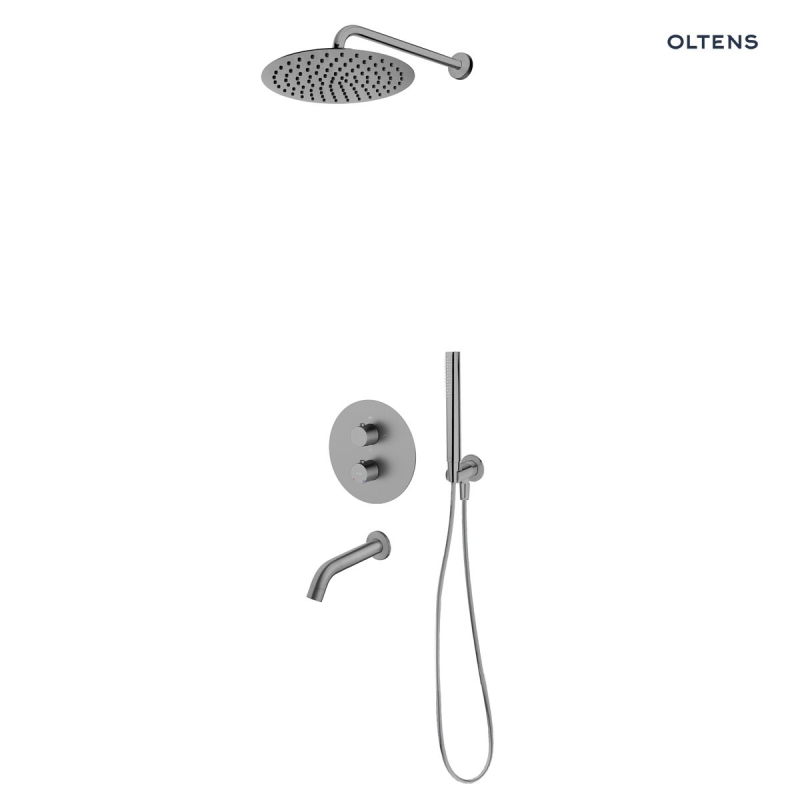 Set bateria podtynk termo z wylewką wannową Molle z deszczownicą 30 cm Vindel i kpl. prysznic Ume grafit Katla OLTENS 36611400