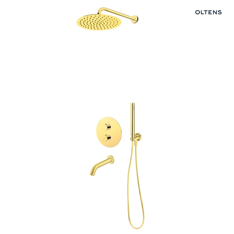 Set  podtynk termo z wylewką wannową Molle z deszczownicą 30 cm Vindel i kpl. prysznic Ume złoty połysk Katla OLTENS 36611800