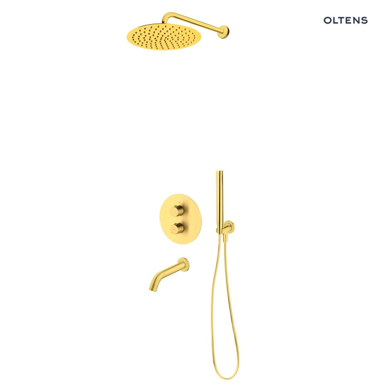Set  podtynk termo z wylewką wannową Molle deszczownia 30 cm Vindel i kpl. prysznic Ume złoto szczotkowane Katla OLTENS 36611810