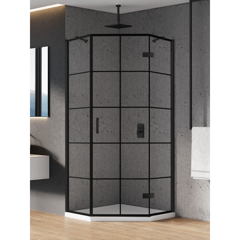 KABINA NEW AZURA BLACK 1D PIĘCIOKĄTNA P 90x90x195 CZYSTE 6mm POWŁOKA WZÓR KRATKA CZARNY MAT NEW TRENDY K-0678