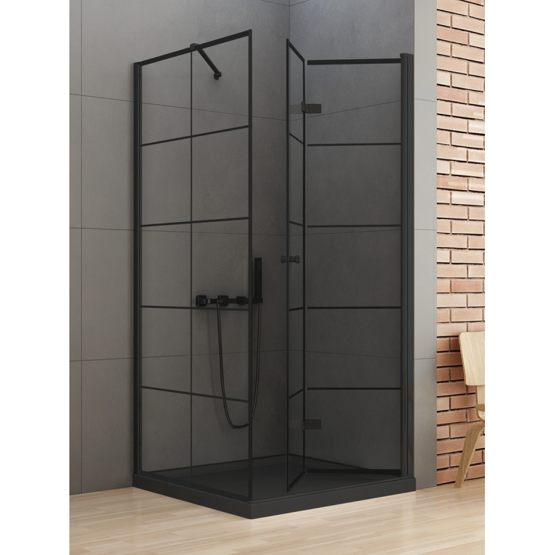 KABINA NEW SOLEO BLACK 1D KWADRATOWA P 90x90x195 CZYSTE 6mm POWŁOKA WZÓR KRATKA CZARNY MAT NEW TRENDY D-0290A/D-0121B