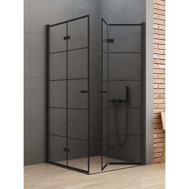 KABINA NEW SOLEO BLACK 2D PROSTOKĄTNA U 90x80x195 CZYSTE 6mm POWŁOKA WZÓR KRATKA CZARNY MAT NEW TRENDY D-0289A/D-0288A