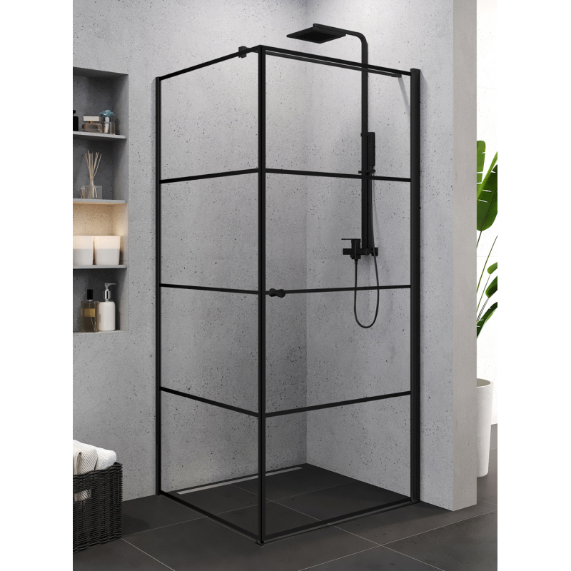 KABINA SUPERIA BLACK 1D KWADRATOWA P 90x90x195 CZYSTE 6mm ACTIVE SHIELD WZÓR PASY CZARNY MAT NEW TRENDY K-0604