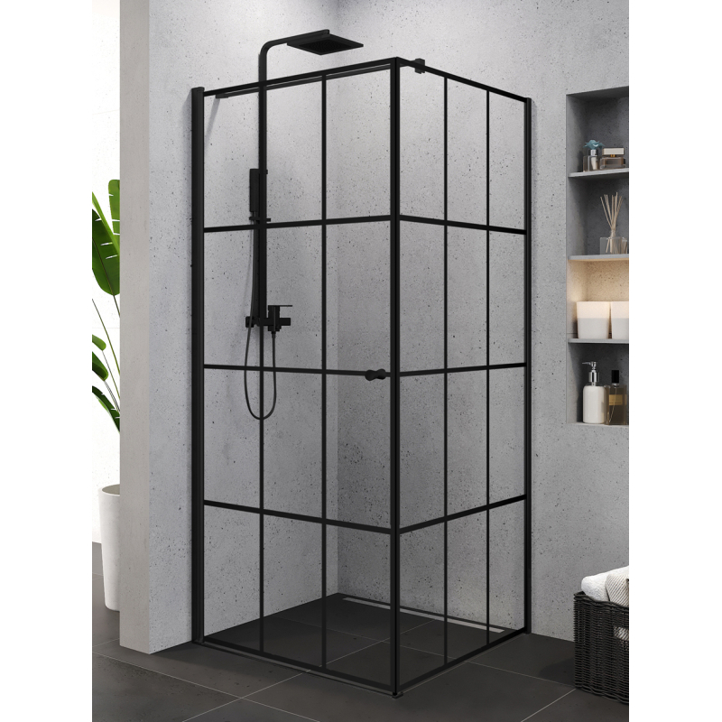KABINA SUPERIA BLACK 1D KWADRATOWA L 90x90x195 CZYSTE 6mm ACTIVE SHIELD WZÓR KRATKA CZARNY MAT NEW TRENDY K-0598