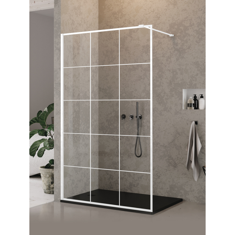 NZ6 KABINA NEW MODUS WHITE WALK-IN U 130x200 CZYSTE 8mm POWŁOKA WZÓR KRATKA BIAŁY  NEW TRENDY EXK-2217