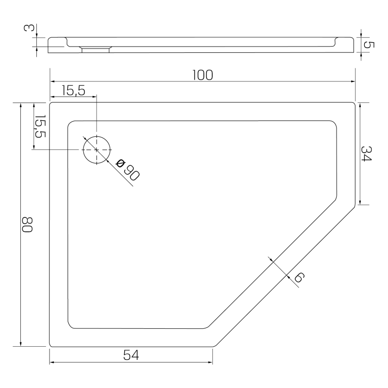 BRODZIK NEW AZURA ASYMETRYCZNY P BIAŁY AKRYLOWY 100x80x5 BIAŁY   NEW TRENDY B-0419