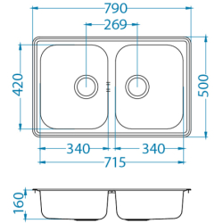 LINE 90 NAT Standard 790x500 2k zlew wpuszczany z odpływem manualnym fi114 z syfonem ALVEUS 1066751