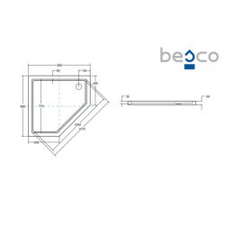 Brodzik prysznicowy pięciokątny Bergo SlimLine 90x90x3/6 biały poł. BESCO BAB-90-S