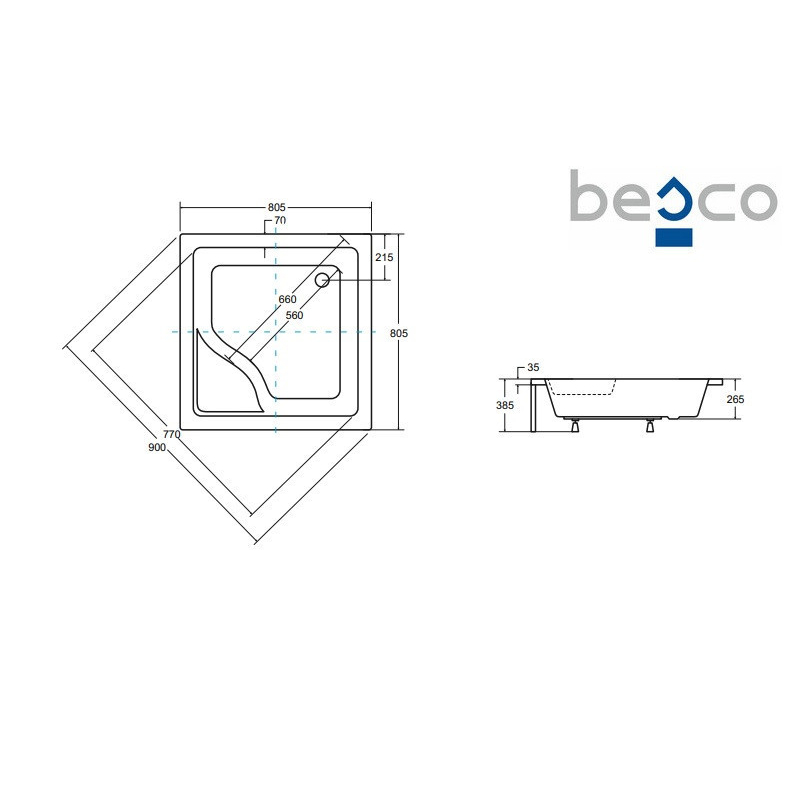 Brodzik prysznicowy kwadratowy Igor 80x80x24/38.5 biały poł. BESCO BAI-80 bez obudowy